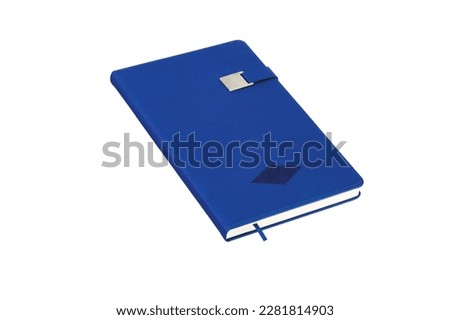 Magnet closure with the metal plate, hardcover pocket leather notebook journal blue isolated on white background. The personal notepad planner monthly is a great way of keeping yourself organized. 
