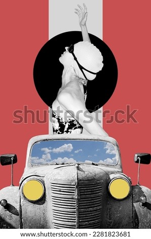 Digital collage with old rusty car and young woman in swim suit