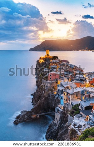 Vernazza in Cinque Terre, Italy at sunset. Popular tourist destination in Liguria coast. Royalty-Free Stock Photo #2281836931