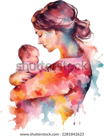 Watercolor Beautiful Silhouette Mother Holding a Baby in Hand | Happy Mother's Day Royalty-Free Stock Photo #2281842623