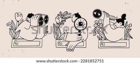 Set of people with binoculars, magnifying glass on search bar with flowers. Searching, finding, web surfing, looking for opportunities concept. Hand drawn Vector illustration. Isolated design elements