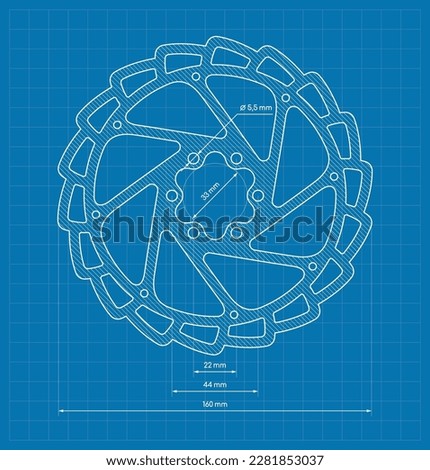 Vector blue blueprint of disc brake bicycle. Size 160 mm