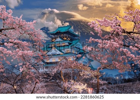 The cherry blossoms are in full bloom with Osaka Castle and Mount Fuji in the background Royalty-Free Stock Photo #2281860625