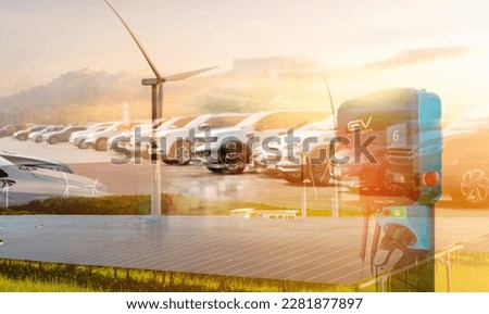Sustainable energy for electric vehicle. EV car with electric vihicle charging station. Solar and wind turbine farm. Renewable, sustainable energy. Green energy. Solar, wind power. Sustainability.