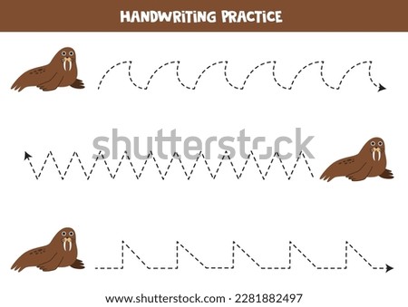 Tracing lines for kids. Cute walrus. Handwriting practice for children.