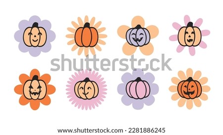 Set of pumpkin daisy with carved pumpkin style face with smile, funny emotion. Groovy retro Halloween clip art design element, t shirt print.