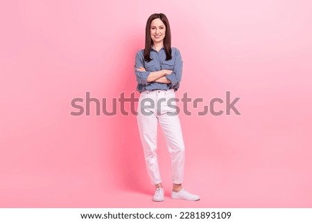 Full body photo of business coach young woman folded hands wear stylish smart casual garment advert new company isolated on pink color background Royalty-Free Stock Photo #2281893109
