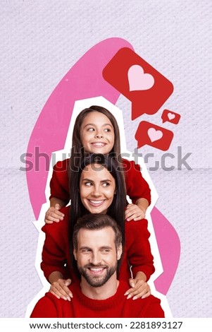 Photo collage artwork minimal picture of happy smiling family getting heart likes feedback isolated drawing background