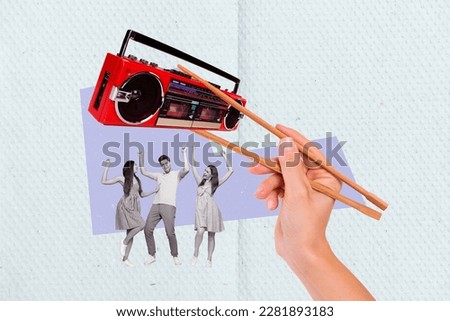 Photo collage artwork minimal picture of arm holding chopsticks boom box buddies company dancing isolated drawing background