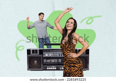 Photo cartoon comics sketch collage picture of smiling happy guy lady dancing listening boom box isolated drawing background