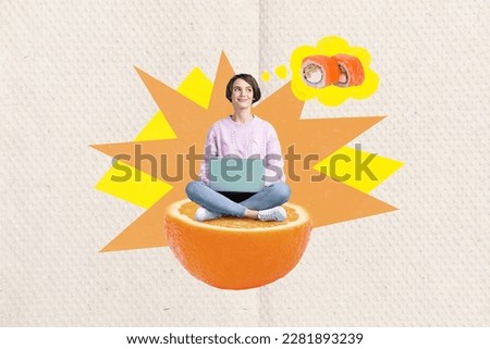 Photo collage artwork minimal picture of dreamy smiling lady dreaming ordering food isolated drawing background