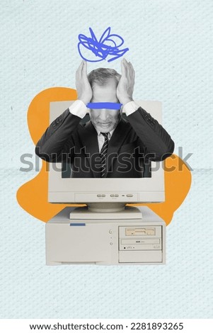 Photo cartoon comics sketch collage picture of annoyed guy having head ache inside desktop isolated drawing background