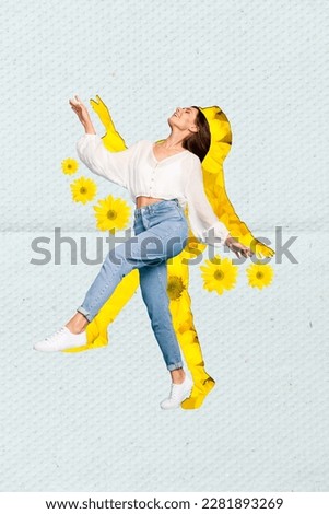 Creative 3d photo artwork graphics collage painting of smiling charming lady walking enjoying flowers isolated drawing background