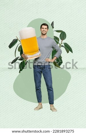 Photo collage artwork minimal picture of funny confident guy holding big huge beer glass isolated drawing background