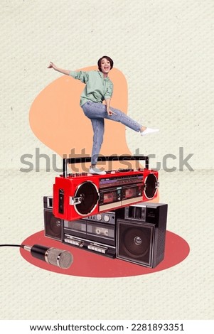 Collage artwork graphics picture of smiling happy lady listening boom box having fun isolated painting background