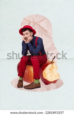 Artwork magazine collage picture of stressed depressed guy sitting bitten apple isolated drawing background
