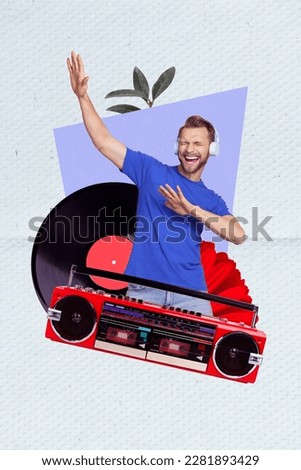 Collage artwork graphics picture of smiling happy guy listening songs having fun isolated painting background