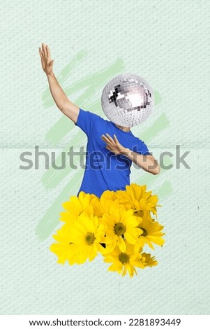 Photo collage artwork minimal picture of funny guy disco ball instead head having fun dancing isolated drawing background