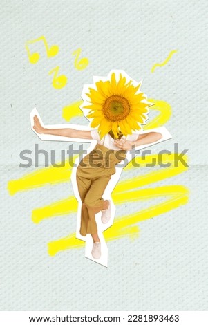 Vertical photo collage 3d illustration of funny positive headless girl sunflower instead of head dancing isolated drawing background