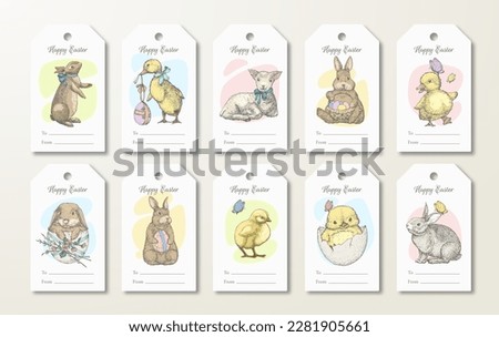 Happy Easter Greeting Cards Ready-to-Use Gift Tags or Label Templates Set. Hand Drawn Cute Animals and Birds Sketch Illustrations. Spring Holiday Celebration Design Layouts Bundle. Isolated Royalty-Free Stock Photo #2281905661