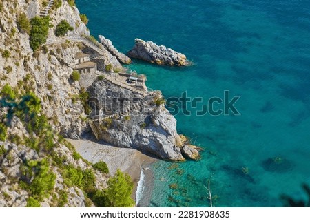 Rocky Cliffs and Mountain Landscape by the Tyrrhenian Sea. Amalfi Coast, Italy. Nature Background. Royalty-Free Stock Photo #2281908635