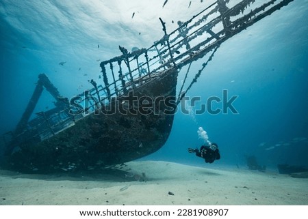 Woman diver explores the wreck of the JabJab on the Bridge divesite off the Dutch Caribbean island of Sint Maarten Royalty-Free Stock Photo #2281908907