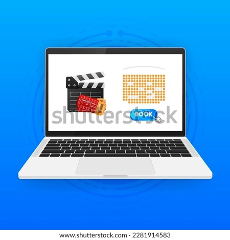 Book Now cinema ticket. Laptop with concept of online cinema ticket order. Movie theater seats selection screen. Flat UI for application. Vector illustration.