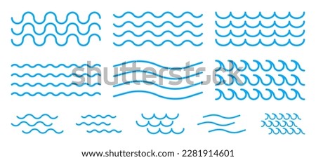 Sea water waves. Collection of linear waves of different style and size. Vector illustration.
