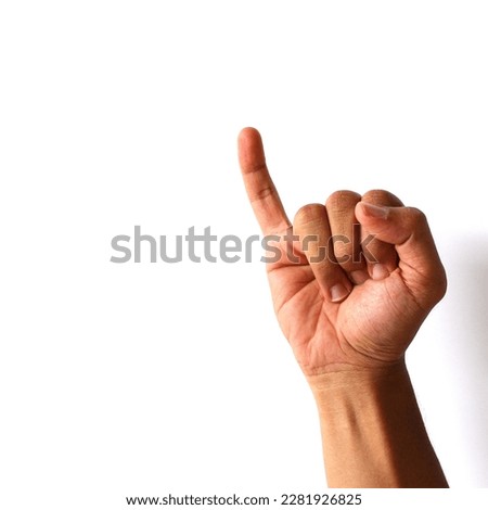 Male hand showing little finger. making promise gesture. isolated on white background. 