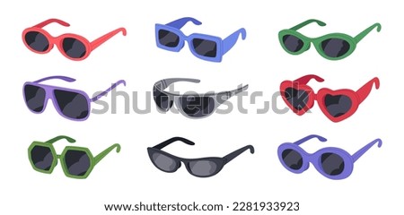 Sunglasses vector set. Trendy plastic frame shades. Fashion eyewear accessories flat vector illustration collection Royalty-Free Stock Photo #2281933923
