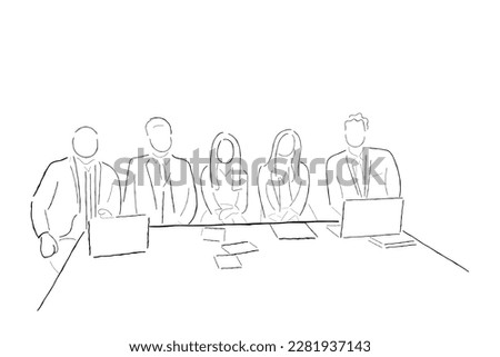 Line art vector of group of people in corporate setting. Executive setting scene. Business delegates. CEO brief. Boss day art.