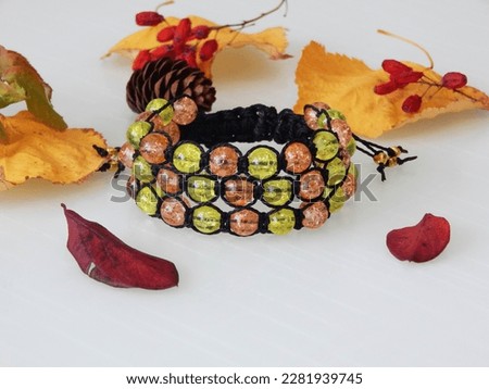 Beautiful friendship bracelet on a white. Beautiful friendship colorful bracelet and leafs