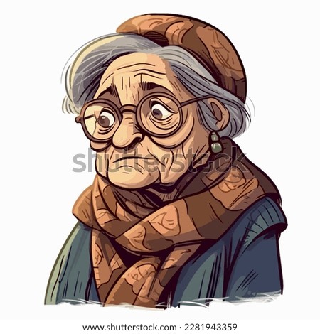 old lady woman wearing hat and glasses and scarf draw