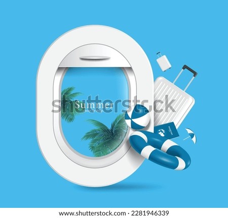 Airplane window and outside views are coconut trees and sea, and there are luggage, passport, lifebuoys, and inflatable ball next to it ,vector 3d isolated on blue background for travel summer concept Royalty-Free Stock Photo #2281946339