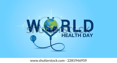 3D Vector illustration of Health care clinic background. World health day text with doctor stethoscope. Royalty-Free Stock Photo #2281946959