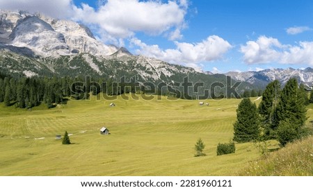 Prato Piazza. Dolomites, Italy. A perspective of the ground's colors and shapes. Relaxing context. Traditional Alpine or Dolomites landscape. Amazing view of the hills and the mountains