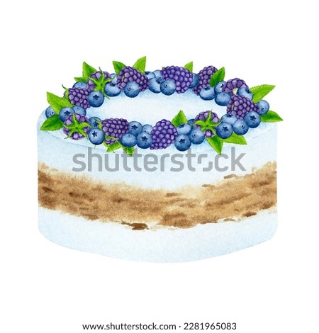 Cake decorated with blackberry, blueberry and mint. Watercolor holiday clipart for design of postcards, greeting cards, invitations, menus, logos, fabric prints. Wedding, birthday, anniversary design.