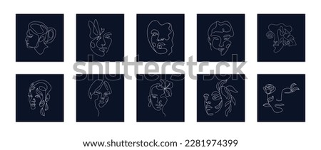 Modern abstract line minimalistic women faces arts set on dark background, postcard or brochure cover design. Different woman faces. One line art. Vector illustrations design