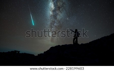 Trekker with milky way and shooting star in background, Annapurna region, Nepal