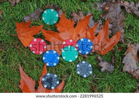 Playing poker chips are thrown into the grass in the rain
