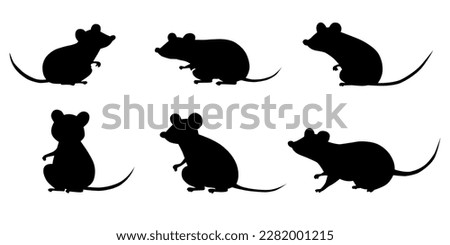 Mice silhouette, black rat icons in different poses, animal rodents set. Vector flat cartoon illustration. isolated collection Royalty-Free Stock Photo #2282001215