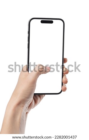 Phone in hand on a white isolated background. A woman holds a phone in her hand close-up and presses the screen of the phone with her finger. Blank white phone screen with copy space.
