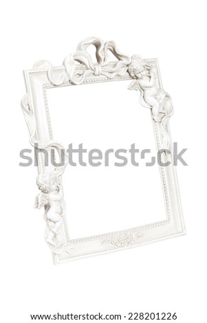 White picture frame with angels isolated over white, clipping path.