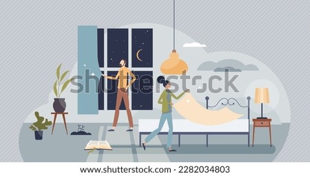 Sleep hygiene as routine action for better sleep quality tiny person concept. Avoid insomnia with fresh air, reading before bedtime and make room dark vector illustration. Lower temperature at night. Royalty-Free Stock Photo #2282034803