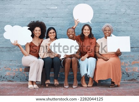 Portrait, speech bubble and diversity with business women outdoor, holding blank space for text. Collaboration, social media and communication with a happy female employee team sitting on a bench