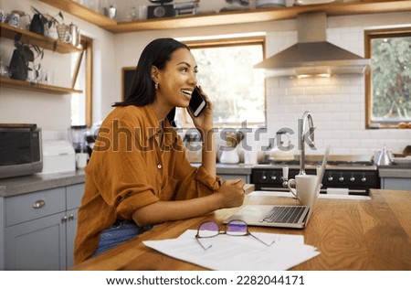 Woman, phone call and remote work with laptop, conversation and communication with technology. Female freelance employee talking, working from home with networking or telemarketing, sales and telecom Royalty-Free Stock Photo #2282044171