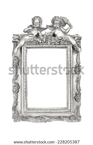 Silver picture frame with angels isolated over white, clipping path.