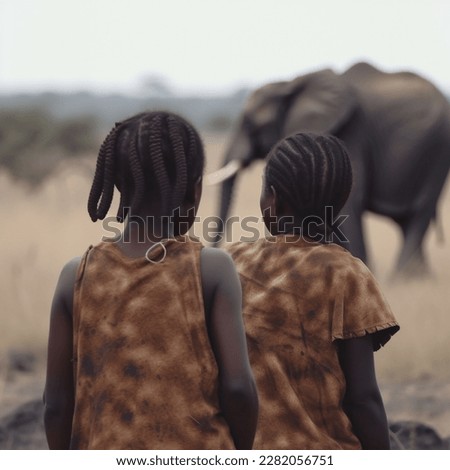 two African girls in national clothes view from the back against the backdrop of nature and elephants walking in the background High quality image