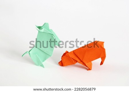 Bull rises bear down, Origami figures, symbol trading on exchange, on white background