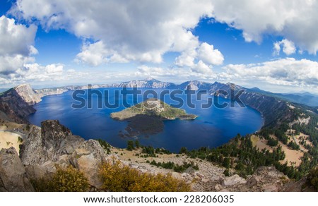 wide angle view of Crater Lake form the top of Watchman's Peak, beautiful landscape in Oregon Royalty-Free Stock Photo #228206035